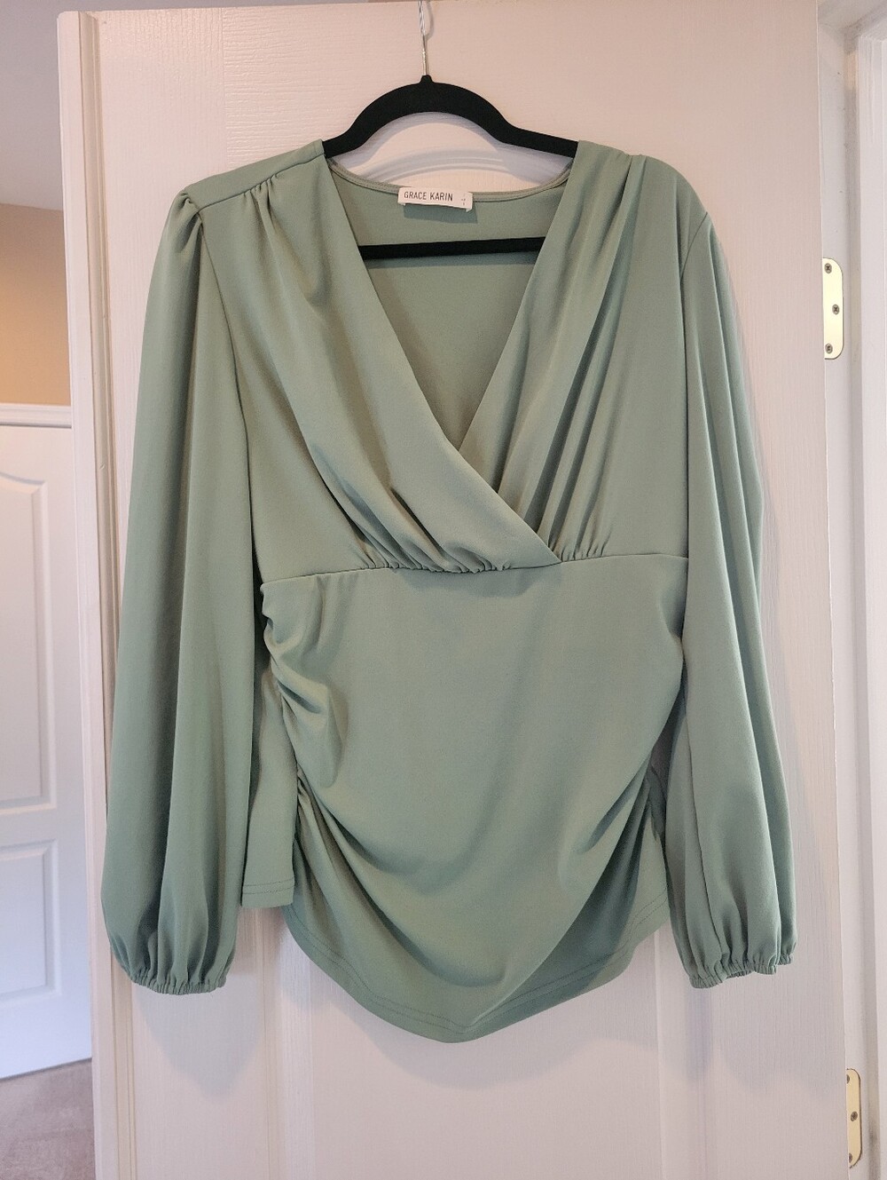 Grace Karin Sage Green Wrap Blouse V-Neck Ruched Long Sleeve Top Dressy Large L